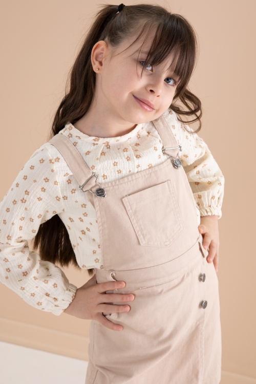 Krem Çiçek Desenli Bluzlu Kız Çocuk Salopet Elbise Takımı 20164