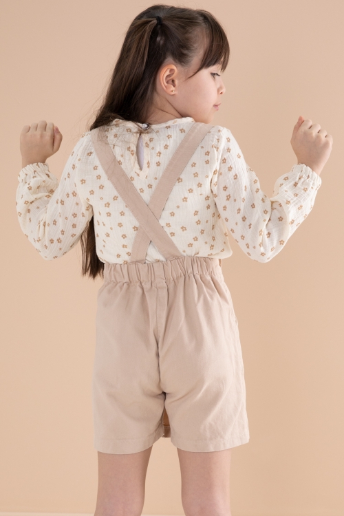 Krem Çiçek Desenli Bluzlu Kız Çocuk Salopet Elbise Takımı 20164