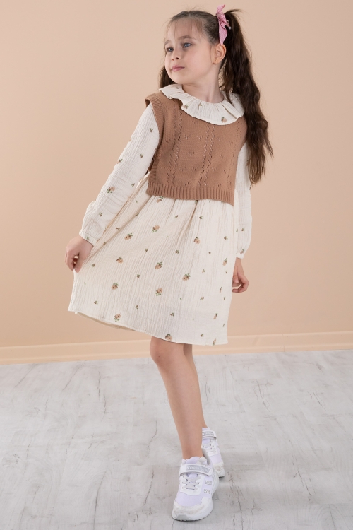 Krem Çiçek Desenli Süveterli Kız Çocuk Elbise 20227
