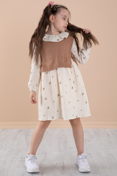 Krem Çiçek Desenli Süveterli Kız Çocuk Elbise 20227