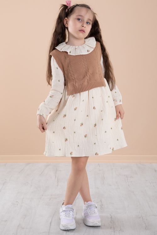 Krem Çiçek Desenli Süveterli Kız Çocuk Elbise 20227