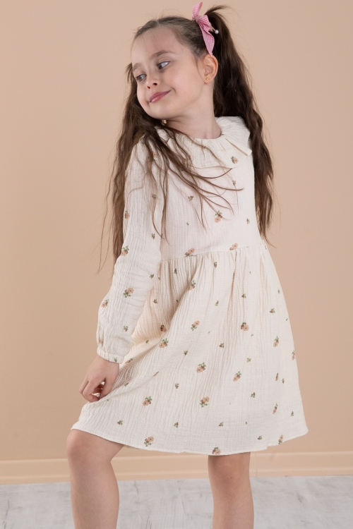 Krem Çiçek Desenli Süveterli Kız Çocuk Elbise 20227