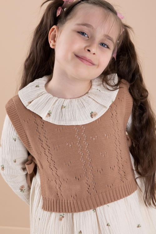 Krem Çiçek Desenli Süveterli Kız Çocuk Elbise 20227