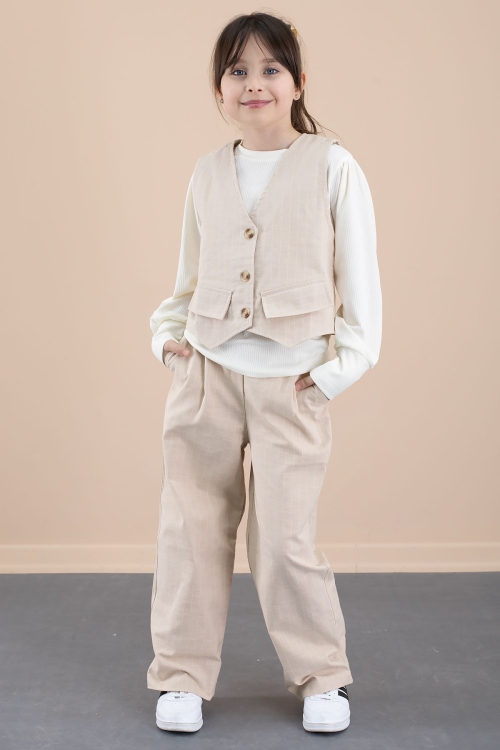 Krem Çizgi Desenli Yelekli Geniş Paça Pantolonlu Kız Çocuk Badili 3lü Takım 20491