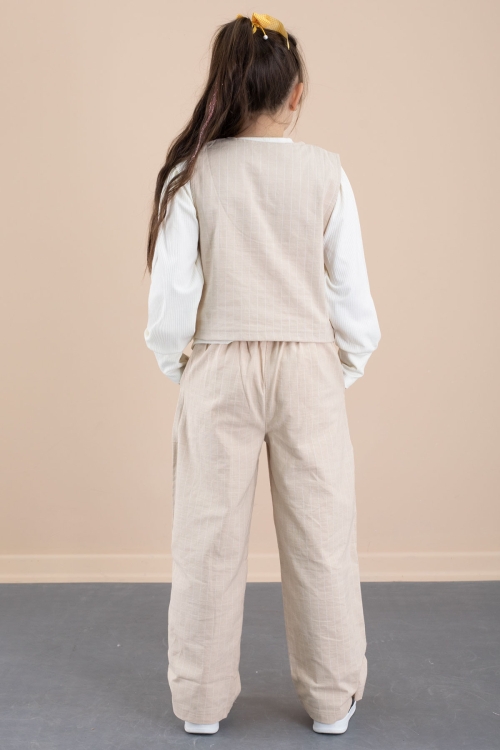 Krem Çizgi Desenli Yelekli Geniş Paça Pantolonlu Kız Çocuk Badili 3lü Takım 20491