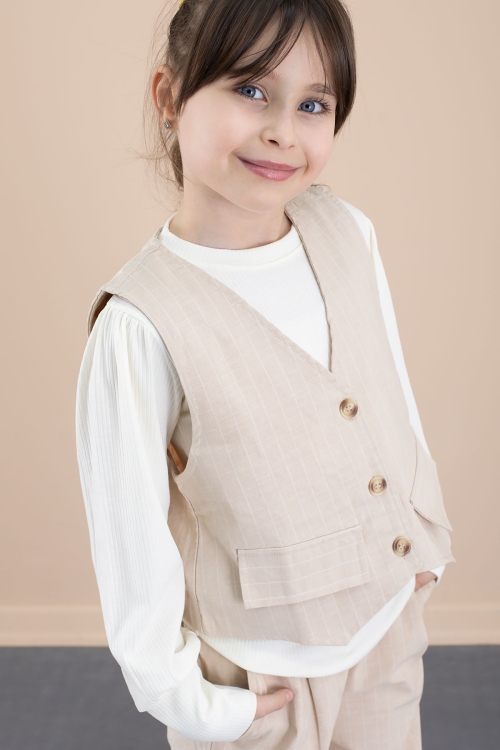 Krem Çizgi Desenli Yelekli Geniş Paça Pantolonlu Kız Çocuk Badili 3lü Takım 20491