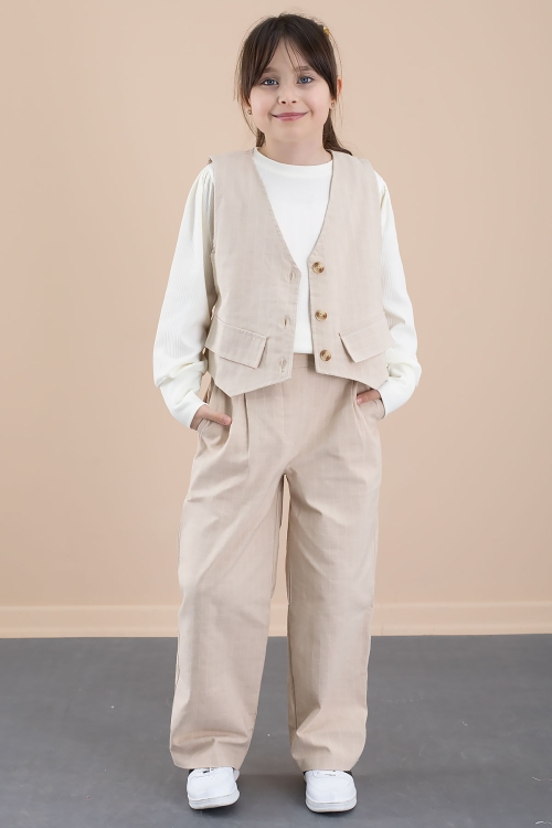 Krem Çizgi Desenli Yelekli Geniş Paça Pantolonlu Kız Çocuk Badili 3lü Takım 20491