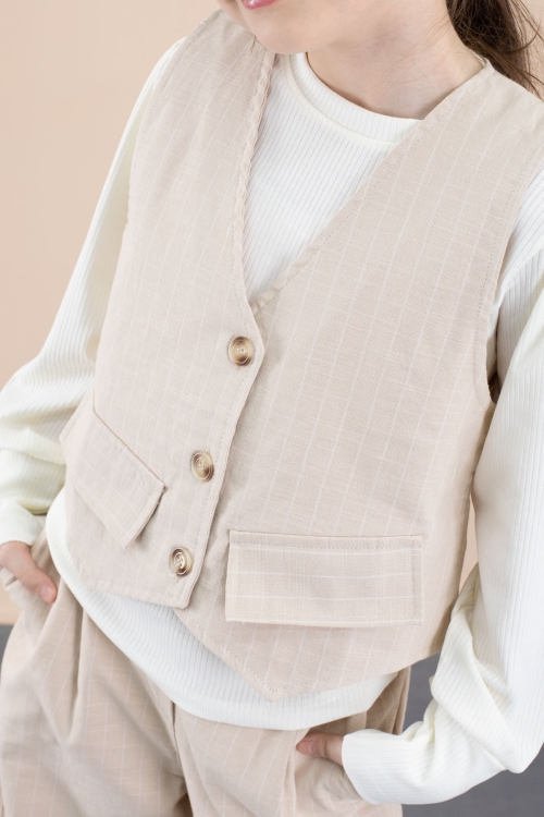 Krem Çizgi Desenli Yelekli Geniş Paça Pantolonlu Kız Çocuk Badili 3lü Takım 20491