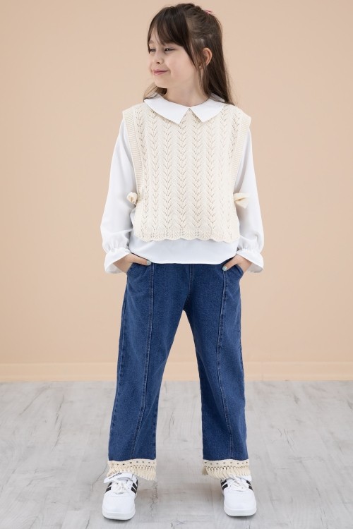 Krem Dantel Süveterli Jean Pantolonlu Kız Çocuk 3lü Takım 20354