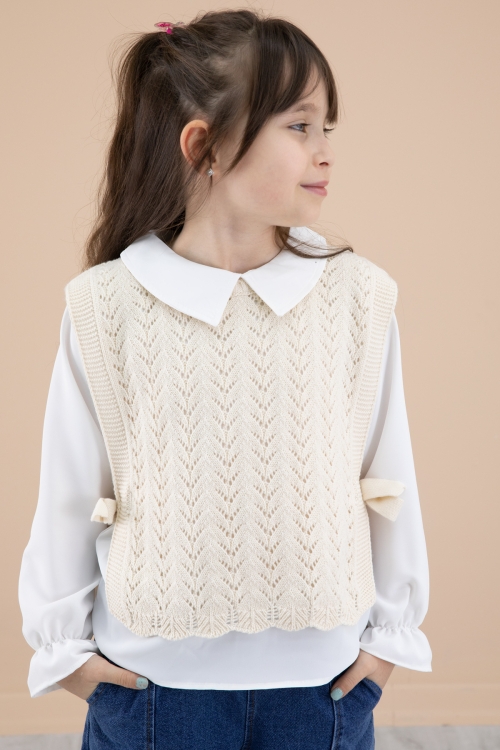 Krem Dantel Süveterli Jean Pantolonlu Kız Çocuk 3lü Takım 20354