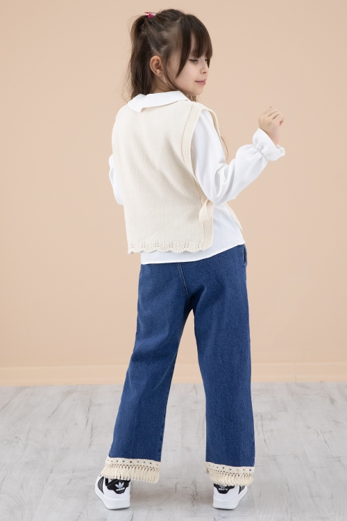 Krem Dantel Süveterli Jean Pantolonlu Kız Çocuk 3lü Takım 20354