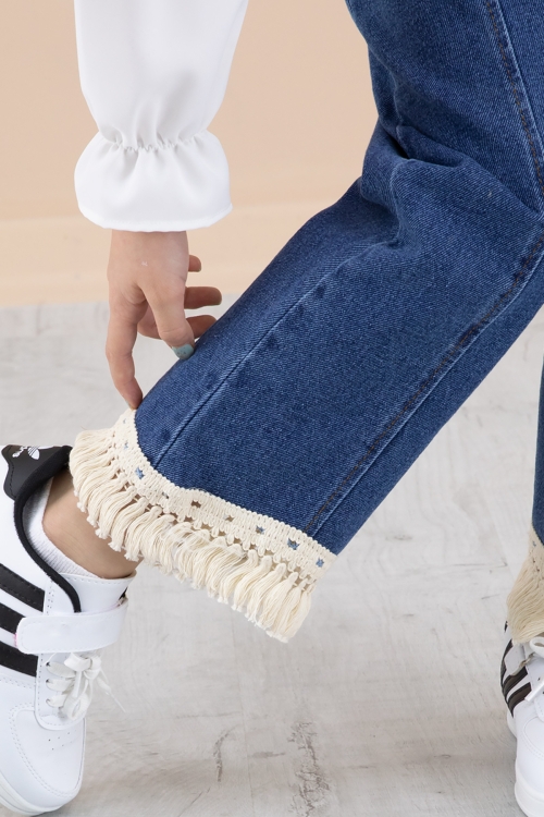 Krem Dantel Süveterli Jean Pantolonlu Kız Çocuk 3lü Takım 20354