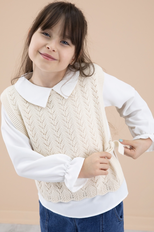 Krem Dantel Süveterli Jean Pantolonlu Kız Çocuk 3lü Takım 20354