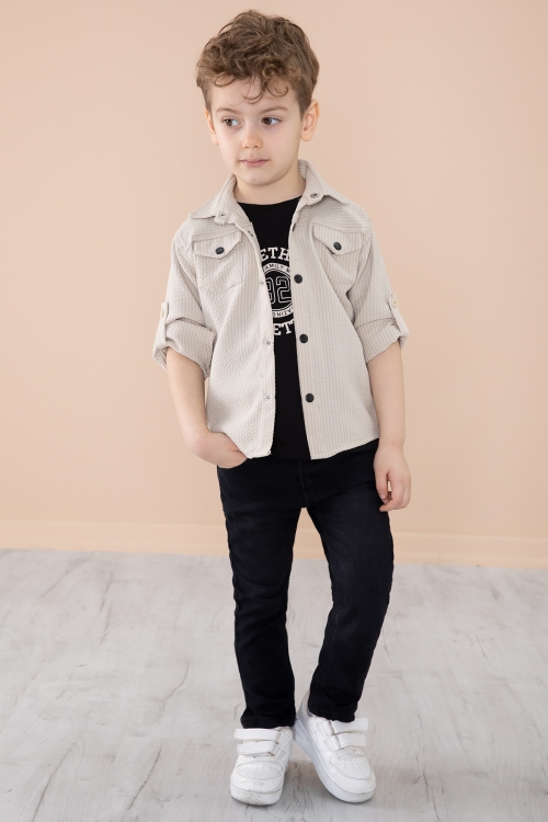 Krem Erkek Çocuk Çıtçıtlı Gömlekli Pantolonlu 3lü Alt Üst Takım 20266