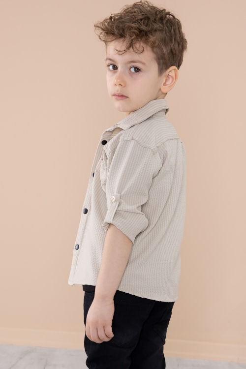 Krem Erkek Çocuk Çıtçıtlı Gömlekli Pantolonlu 3lü Alt Üst Takım 20266