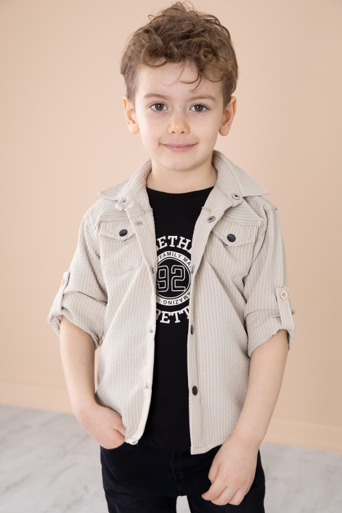 Krem Erkek Çocuk Çıtçıtlı Gömlekli Pantolonlu 3lü Alt Üst Takım 20266