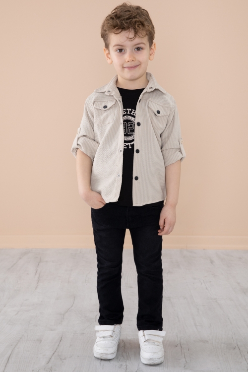 Krem Erkek Çocuk Çıtçıtlı Gömlekli Pantolonlu 3lü Alt Üst Takım 20266