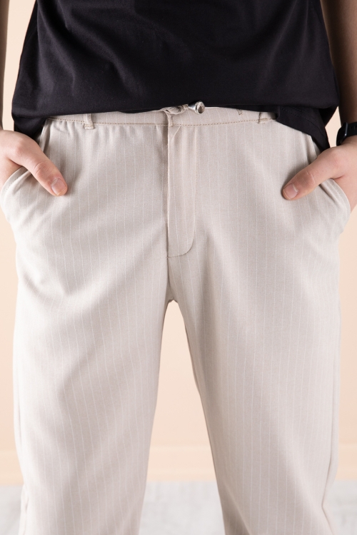 Krem Erkek Çocuk Çizgili Duble Paça Jogger Pantolon 20046