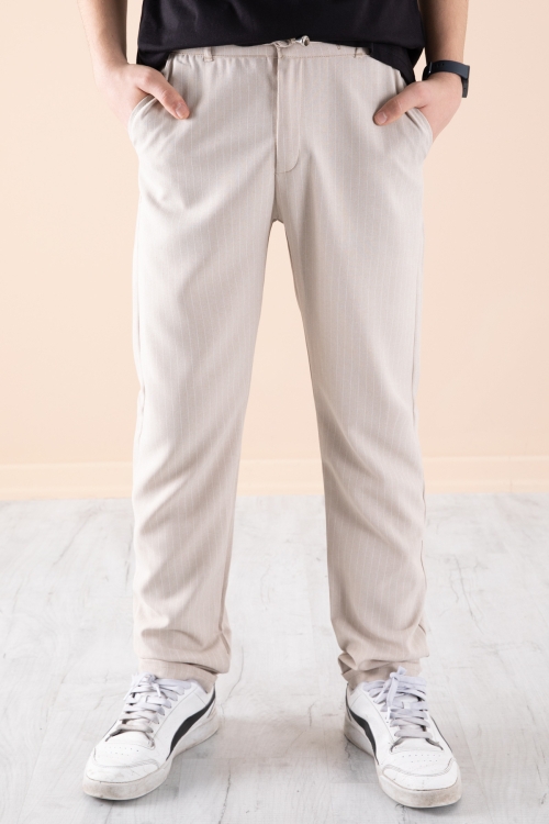 Krem Erkek Çocuk Çizgili Duble Paça Jogger Pantolon 20046