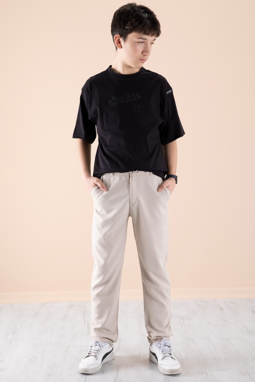 Krem Erkek Çocuk Çizgili Duble Paça Jogger Pantolon 20046