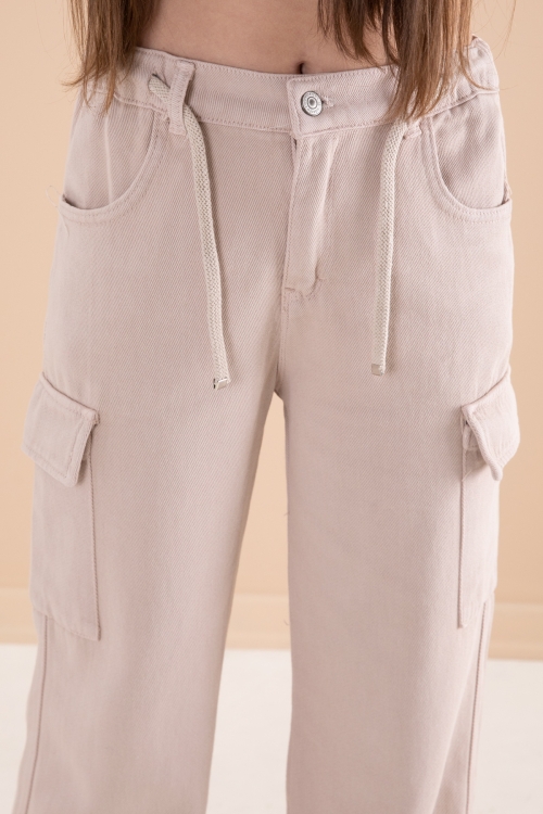 Krem Geniş Paça Beli Bağcıklı Kız Çocuk Kargo Cepli Jean Pantolon 20133