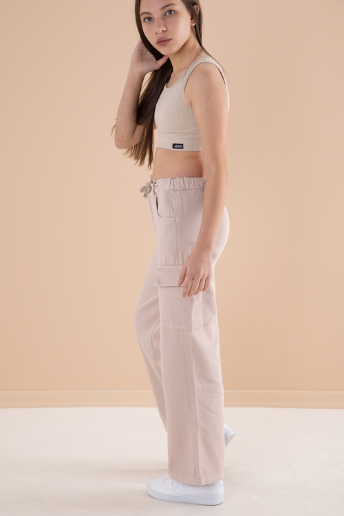 Krem Geniş Paça Beli Bağcıklı Kız Çocuk Kargo Cepli Jean Pantolon 20133