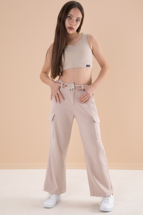 Krem Geniş Paça Beli Bağcıklı Kız Çocuk Kargo Cepli Jean Pantolon 20133