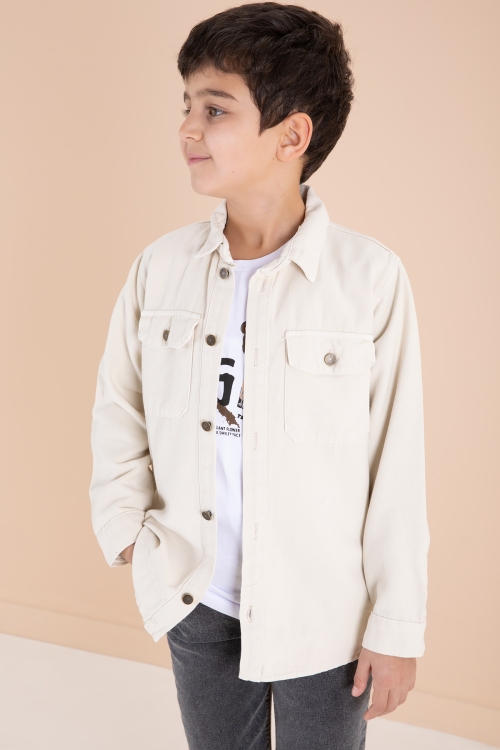 Krem Göğüs Cepli Gömlekli Jean Pantolonlu Erkek Çocuk 3lü Takım 19966