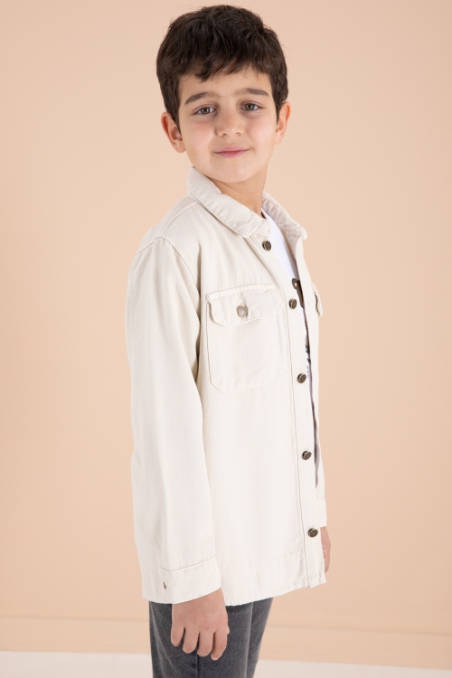 Krem Göğüs Cepli Gömlekli Jean Pantolonlu Erkek Çocuk 3lü Takım 19966