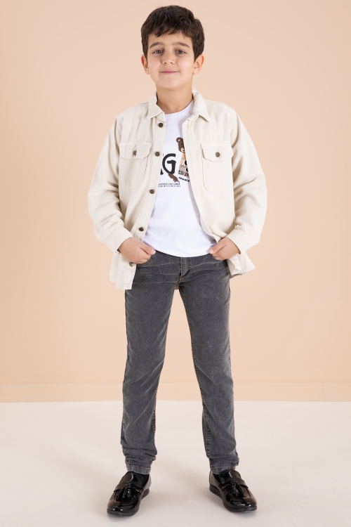 Krem Göğüs Cepli Gömlekli Jean Pantolonlu Erkek Çocuk 3lü Takım 19966