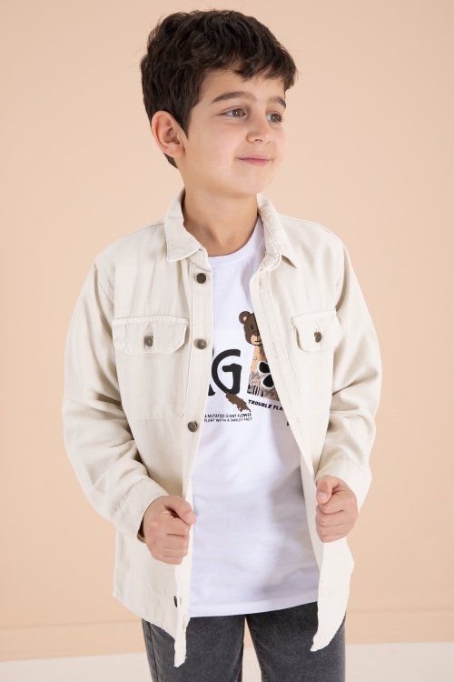 Krem Göğüs Cepli Gömlekli Jean Pantolonlu Erkek Çocuk 3lü Takım 19966