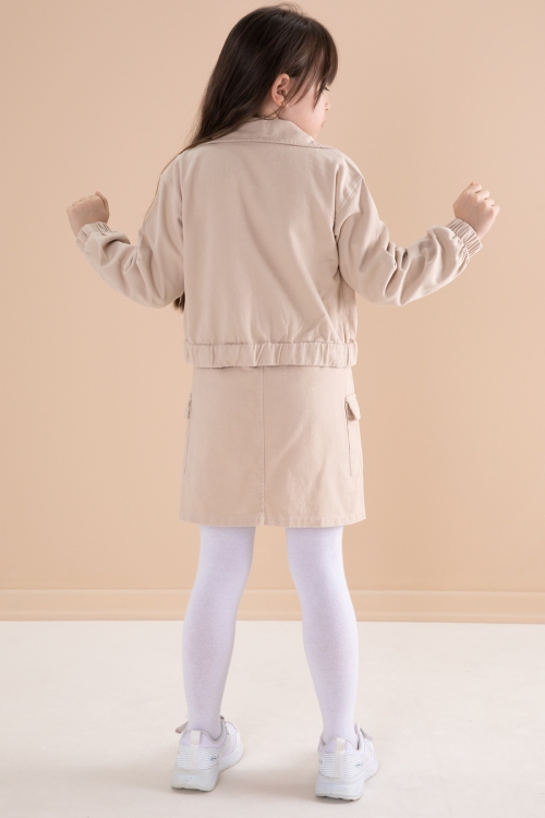 Krem Göğüs Cepli Jean Ceketli Etekli Kız Çocuk 3lü Takım