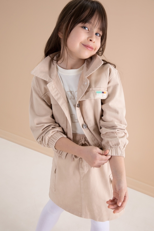 Krem Göğüs Cepli Jean Ceketli Etekli Kız Çocuk 3lü Takım