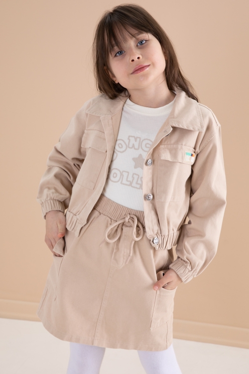 Krem Göğüs Cepli Jean Ceketli Etekli Kız Çocuk 3lü Takım