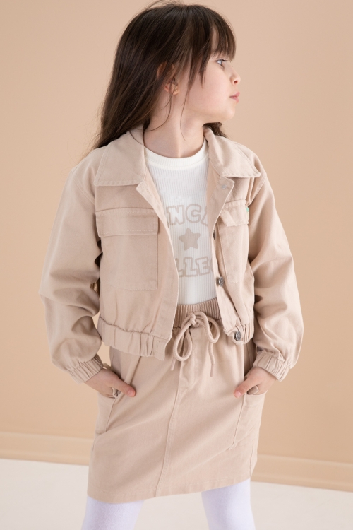 Krem Göğüs Cepli Jean Ceketli Etekli Kız Çocuk 3lü Takım