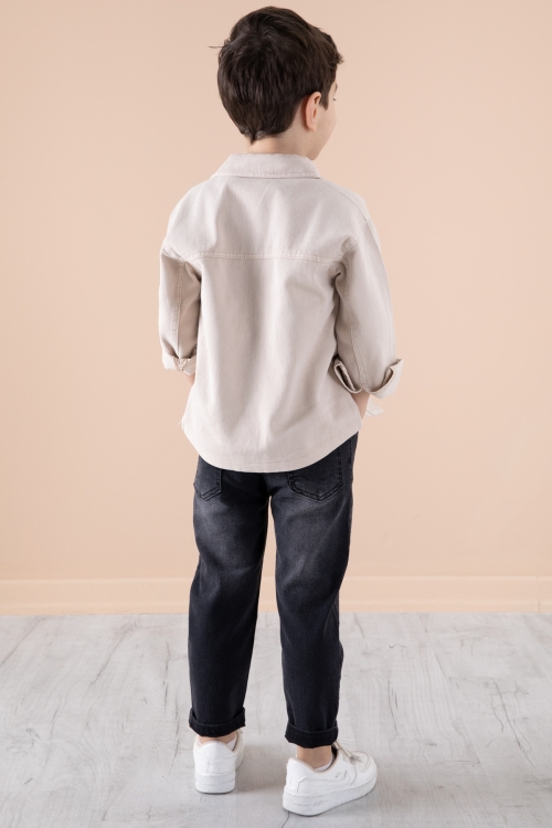 Krem Jean Ceket Yazı Baskılı Erkek Çocuk Pantolonlu 3lü Takım 20311