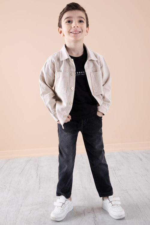 Krem Jean Ceket Yazı Baskılı Erkek Çocuk Pantolonlu 3lü Takım 20311