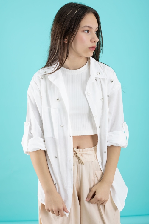 Krem Kız Çocuk Croplu Taşlı Gömlek ve Pantolonlu 3lü Takım 20509