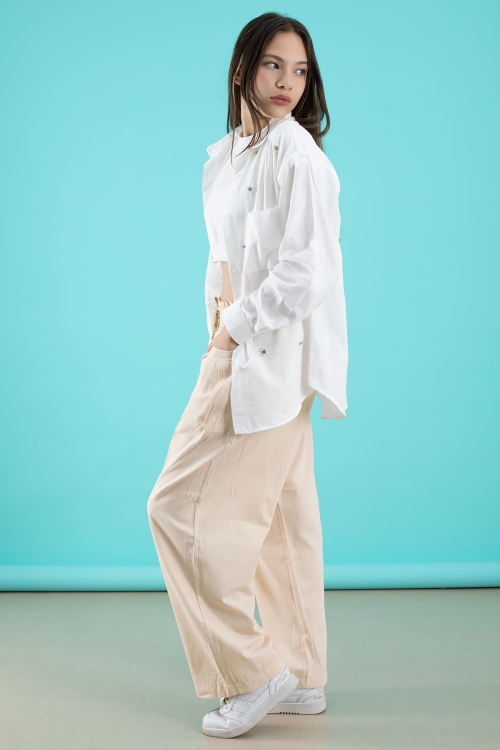 Krem Kız Çocuk Croplu Taşlı Gömlek ve Pantolonlu 3lü Takım 20509