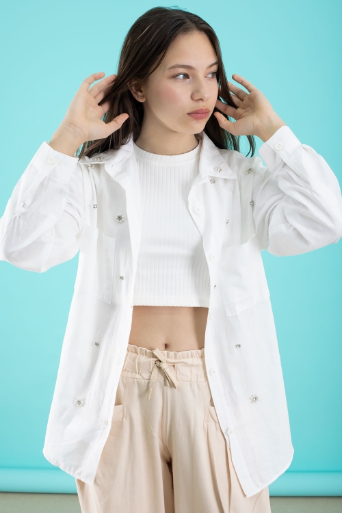 Krem Kız Çocuk Croplu Taşlı Gömlek ve Pantolonlu 3lü Takım 20509