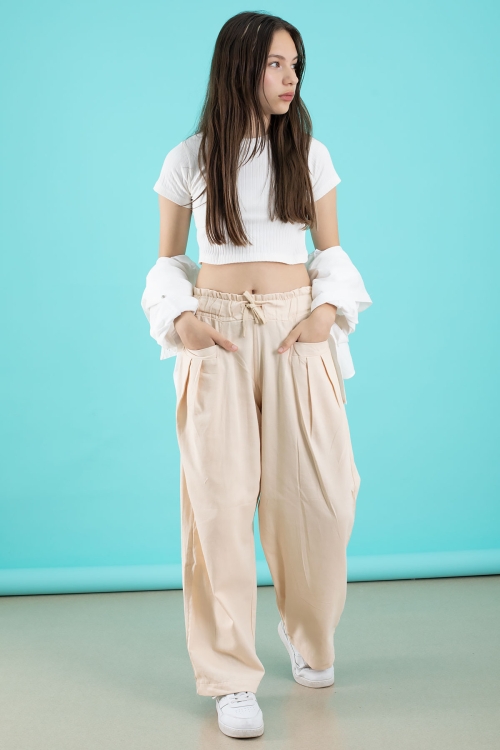 Krem Kız Çocuk Croplu Taşlı Gömlek ve Pantolonlu 3lü Takım 20509