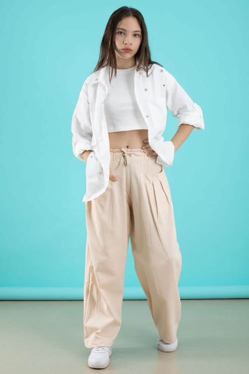 Krem Kız Çocuk Croplu Taşlı Gömlek ve Pantolonlu 3lü Takım 20509