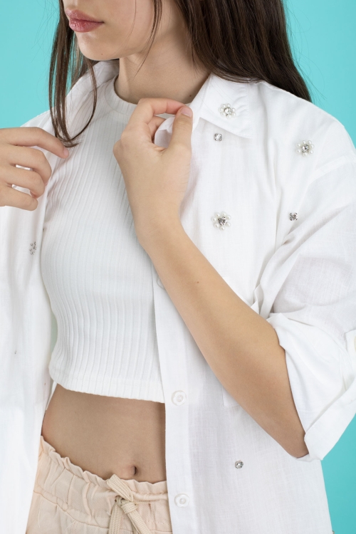 Krem Kız Çocuk Croplu Taşlı Gömlek ve Pantolonlu 3lü Takım 20509