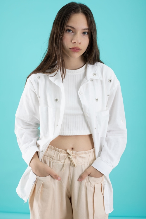 Krem Kız Çocuk Croplu Taşlı Gömlek ve Pantolonlu 3lü Takım 20509