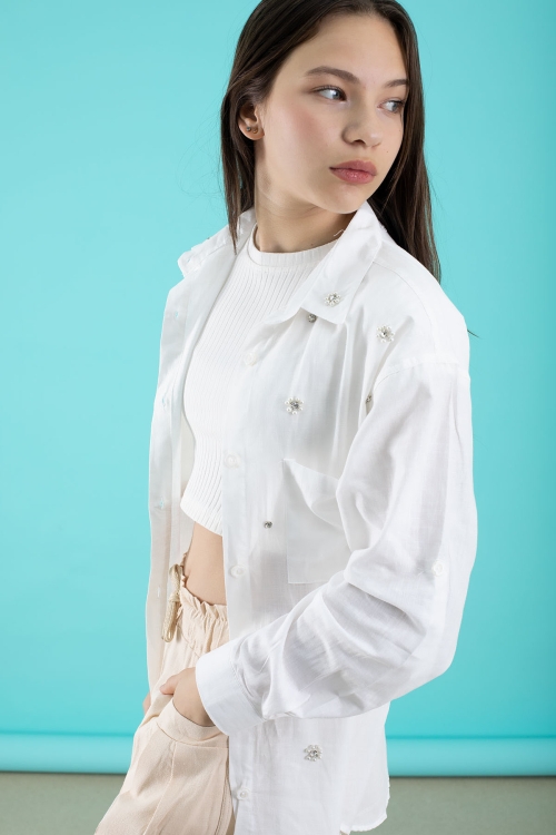 Krem Kız Çocuk Croplu Taşlı Gömlek ve Pantolonlu 3lü Takım 20509