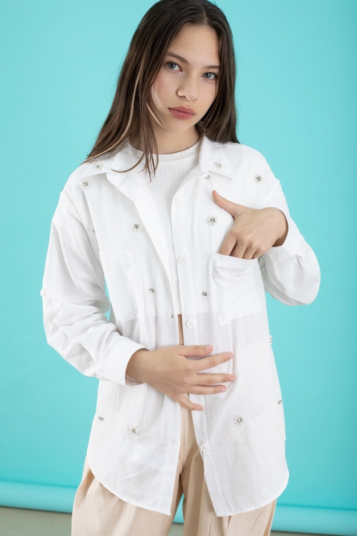 Krem Kız Çocuk Croplu Taşlı Gömlek ve Pantolonlu 3lü Takım 20509