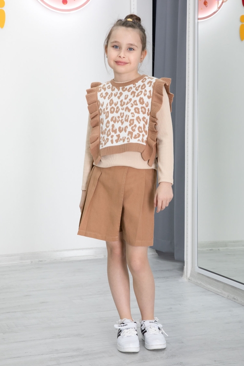 Krem Leopar Desenli Süveterli Şort Etekli Kız Çocuk Badili 3lü Takım 20500