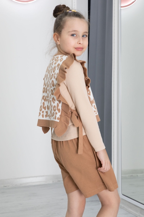 Krem Leopar Desenli Süveterli Şort Etekli Kız Çocuk Badili 3lü Takım 20500