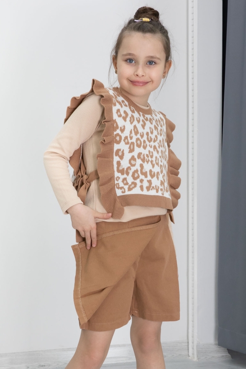 Krem Leopar Desenli Süveterli Şort Etekli Kız Çocuk Badili 3lü Takım 20500
