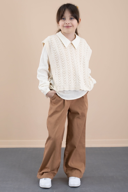 Krem Örgü Süveterli Müslin Gömlekli Kız Çocuk 3lü Alt Üst Takım 20538